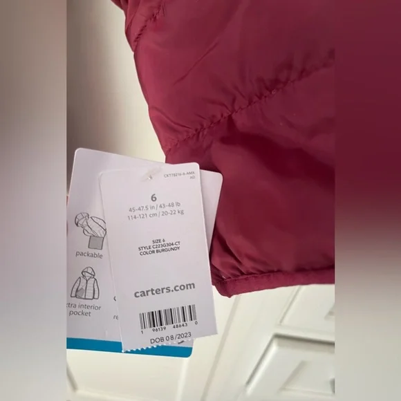 Carter’s girls puffer jacket size 6 burgundy water resistant NWT